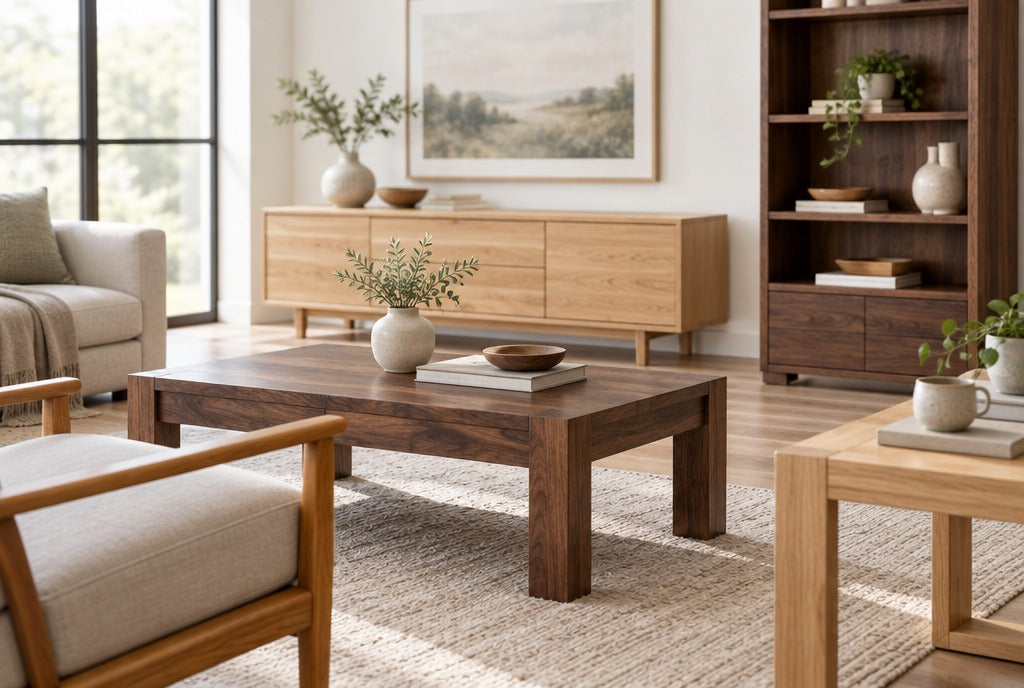 Several solid wood furniture pieces in walnut, light oak and honey acacia tones arranged together in a bright living room