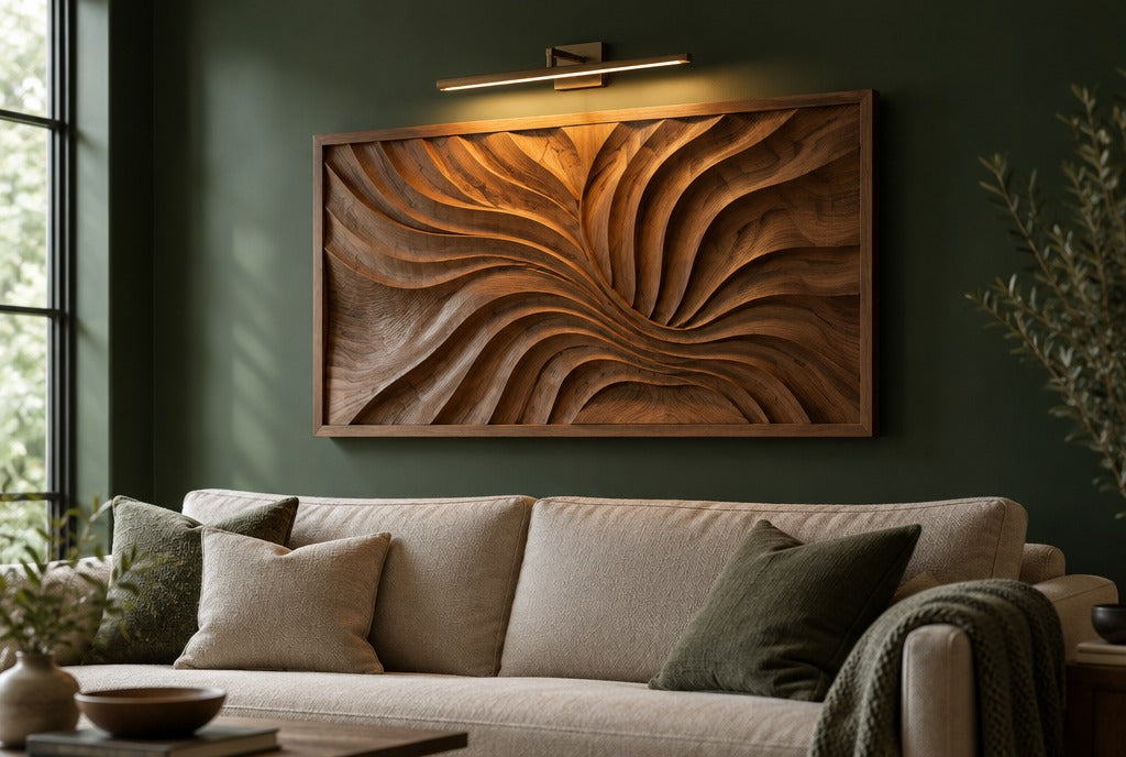 A large carved 3D solid wood wall art panel above a sofa, lit by a warm picture light on a deep green wall