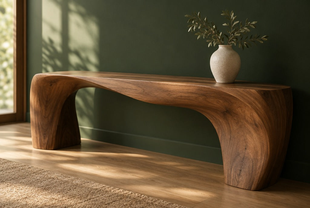 A flowing sculptural solid wood console table with a single ceramic vase against a deep green wall, warm light
