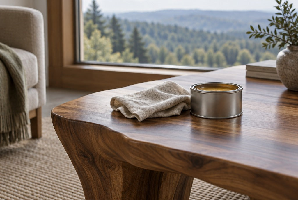 A soft cloth and a tin of hardwax oil on a sculpted solid wood coffee table by a window overlooking wooded hills