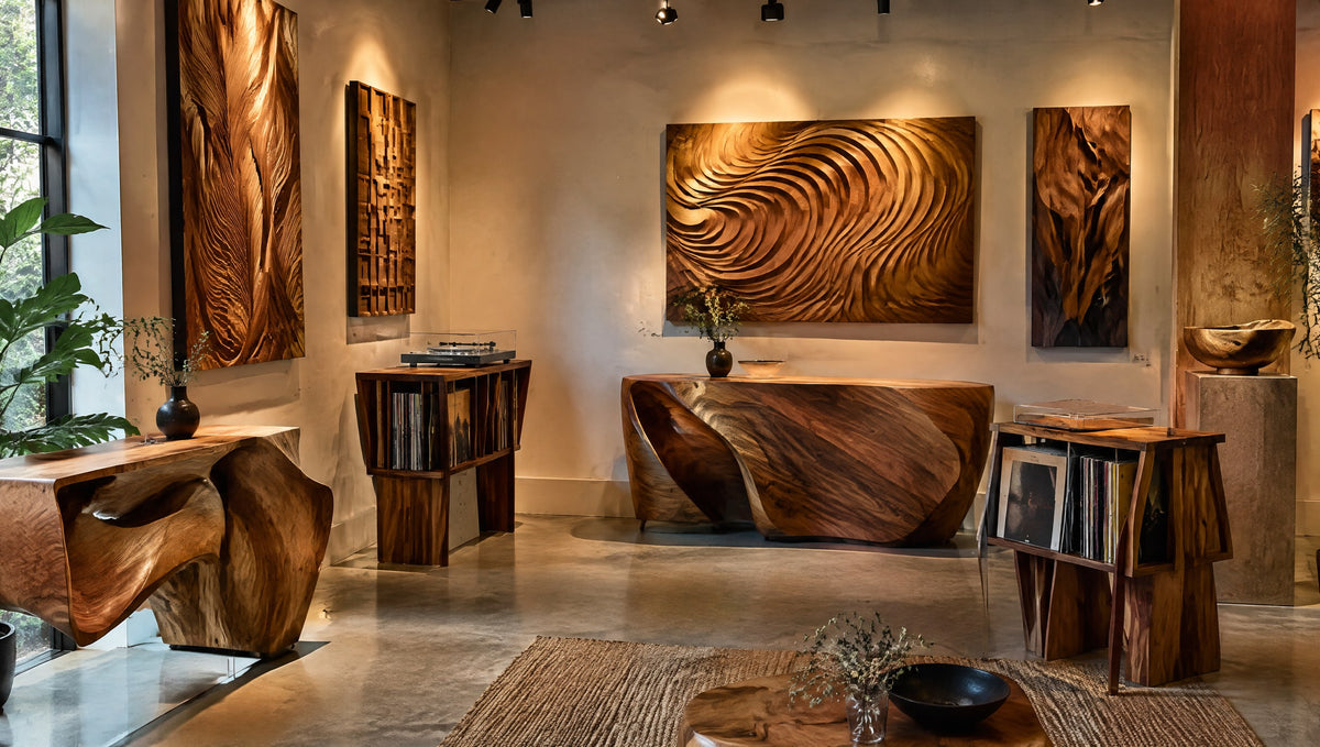 A creative wood studio displaying sculpted consoles, record stands and carved wall art panels