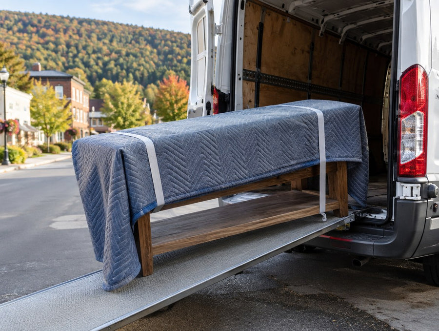 A blanket-wrapped solid wood console table loaded into a delivery van on a small-town street
