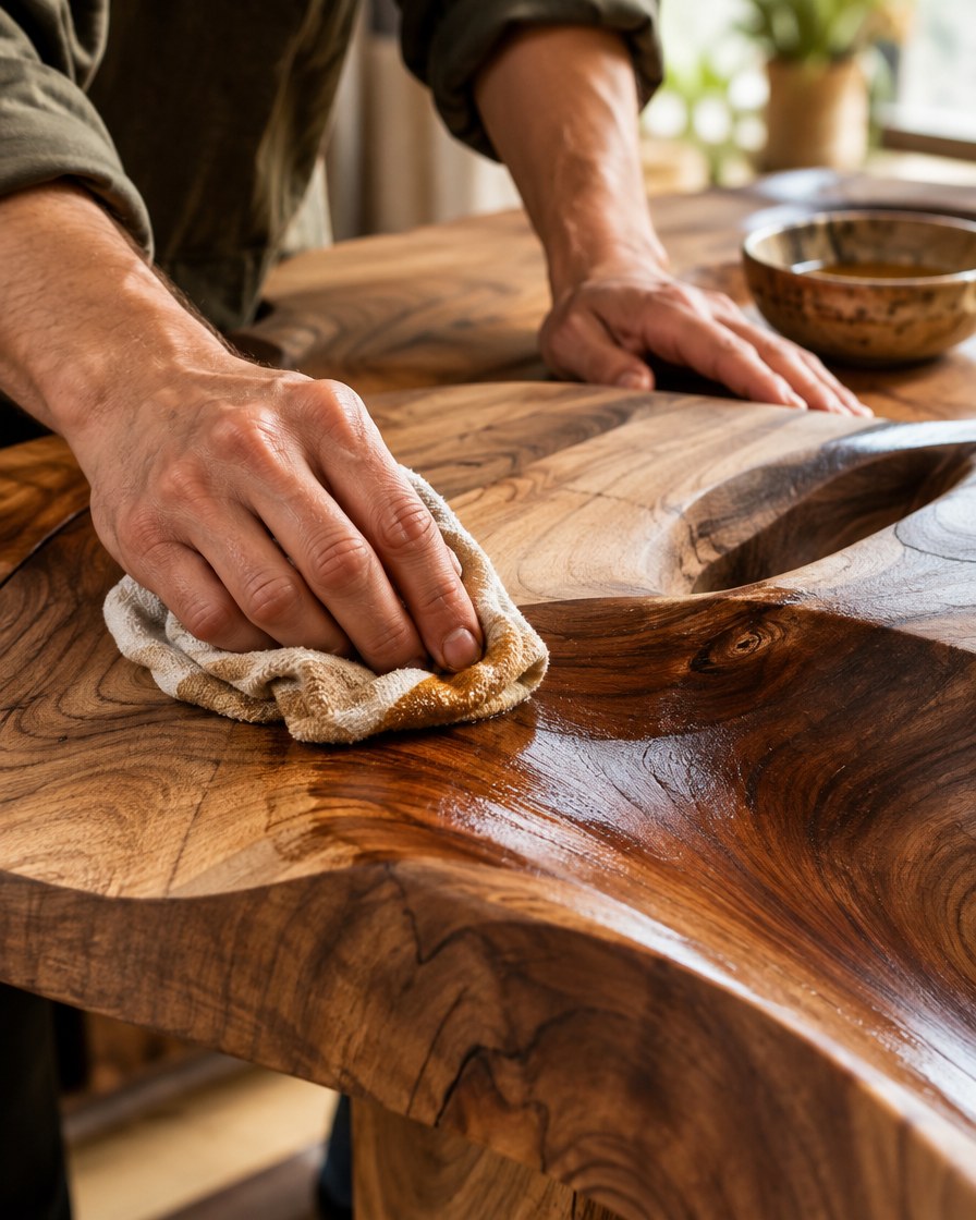 Hands wiping hardwax oil onto a carved, flowing solid wood surface