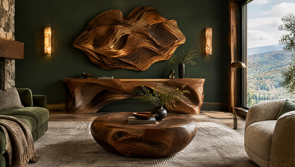 A gallery-like living room with 3D wood wall art above a sculpted solid wood console table