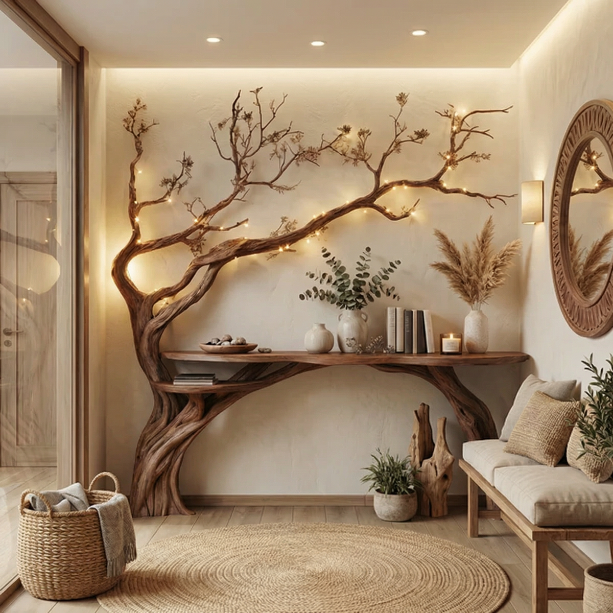 Natural Solid Wood Tree Bookshelf Rustic Side Table Farmhouse